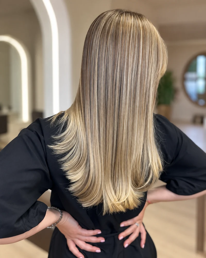 Madeixas loiras em cabelo liso, vistas de costas