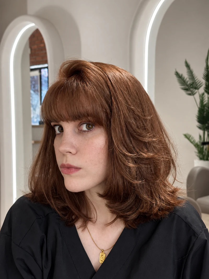 Cabelo acobreado com franja após correção de cor no salão Tatiane Gomes